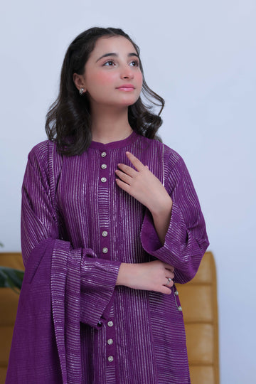 GAD-02830 | Purple & Silver | Casual 3 Piece Suit | Karandi Fabric Dobby Jacquard
